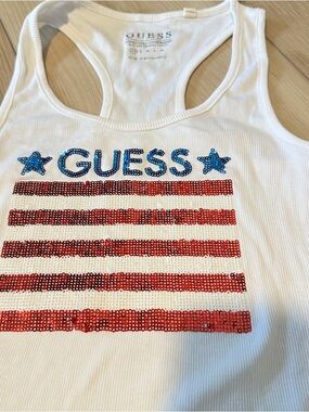 Guess White Tank with Blue Sequin Logo and Red Sequin Flag
